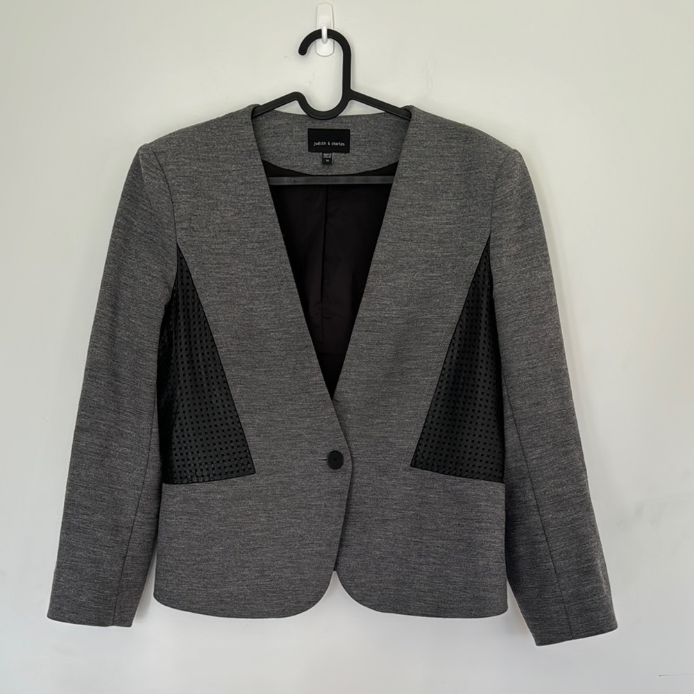 Judith and Charles Gray and Black Wool Blend and Leather Women's Blazer
